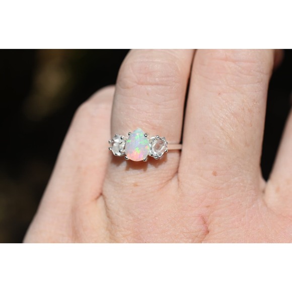 Natural opal and Herkimer Diamond Ring, Raw Stone Ring, Unique Engagement Ring - Picture 2 of 3